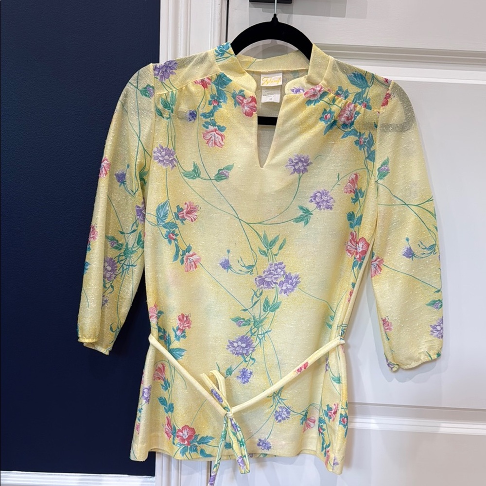 Stylecraft Yellow and Blue Tie Front Blouse with Mandarin Collar
